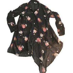 HM Divided Black Rose Floral Asymmetrical Sheer Tunic Sz 8 Whismigoth Witchy